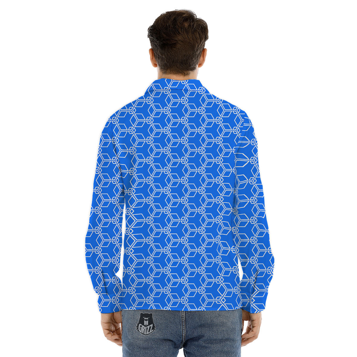 Cube Shape Blue Geometric Print Pattern Men's Dress Shirts-grizzshop