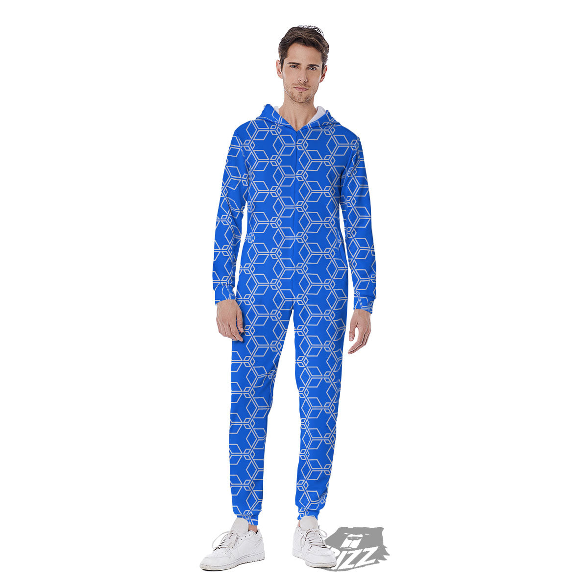 Cube Shape Blue Geometric Print Pattern Men's Jumpsuit-grizzshop