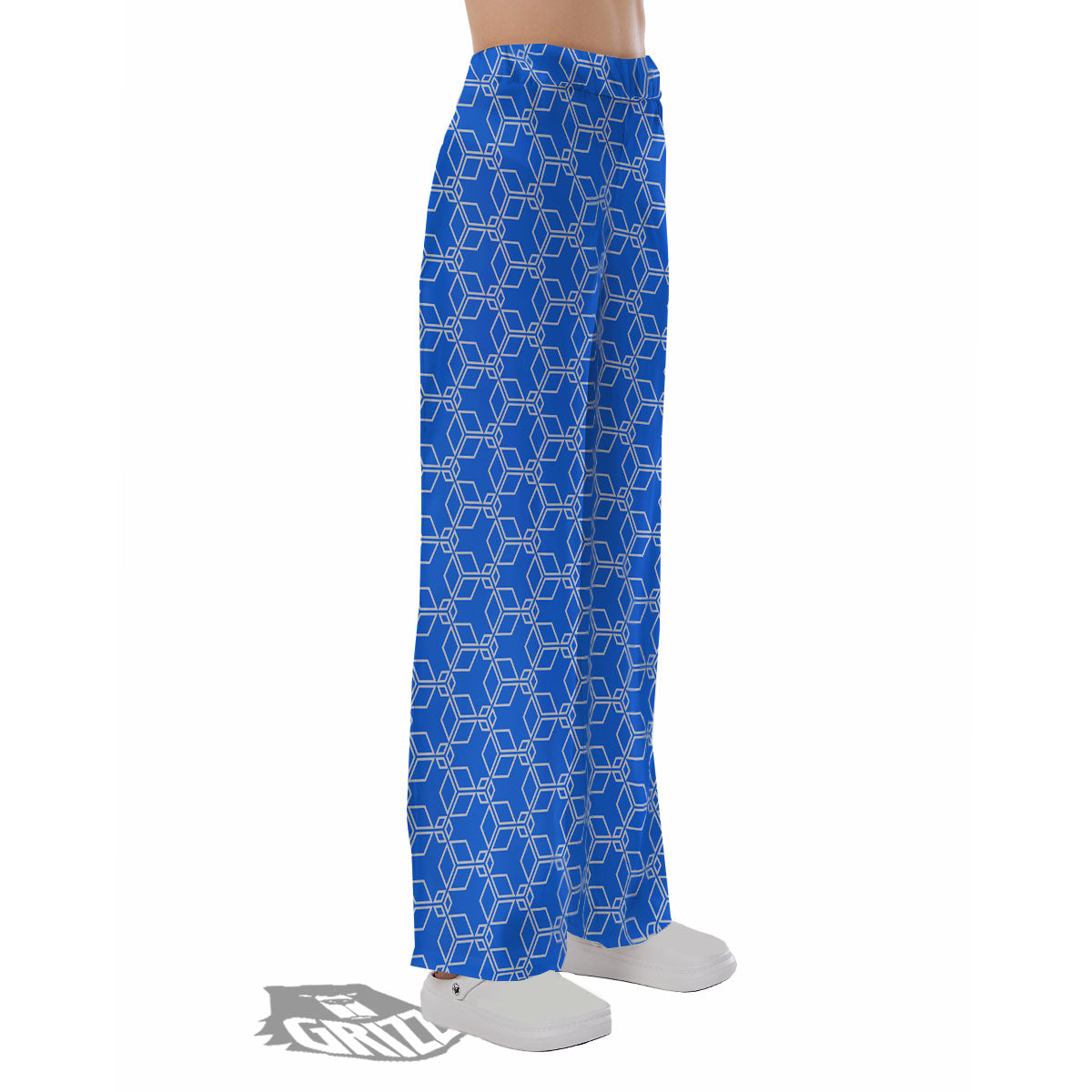 Cube Shape Blue Geometric Print Pattern Pajama Pants-grizzshop