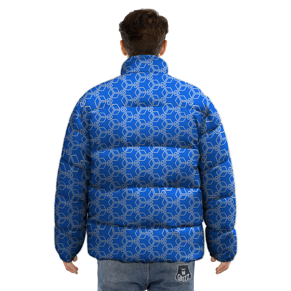 Cube Shape Blue Geometric Print Pattern Puffer Jacket-grizzshop