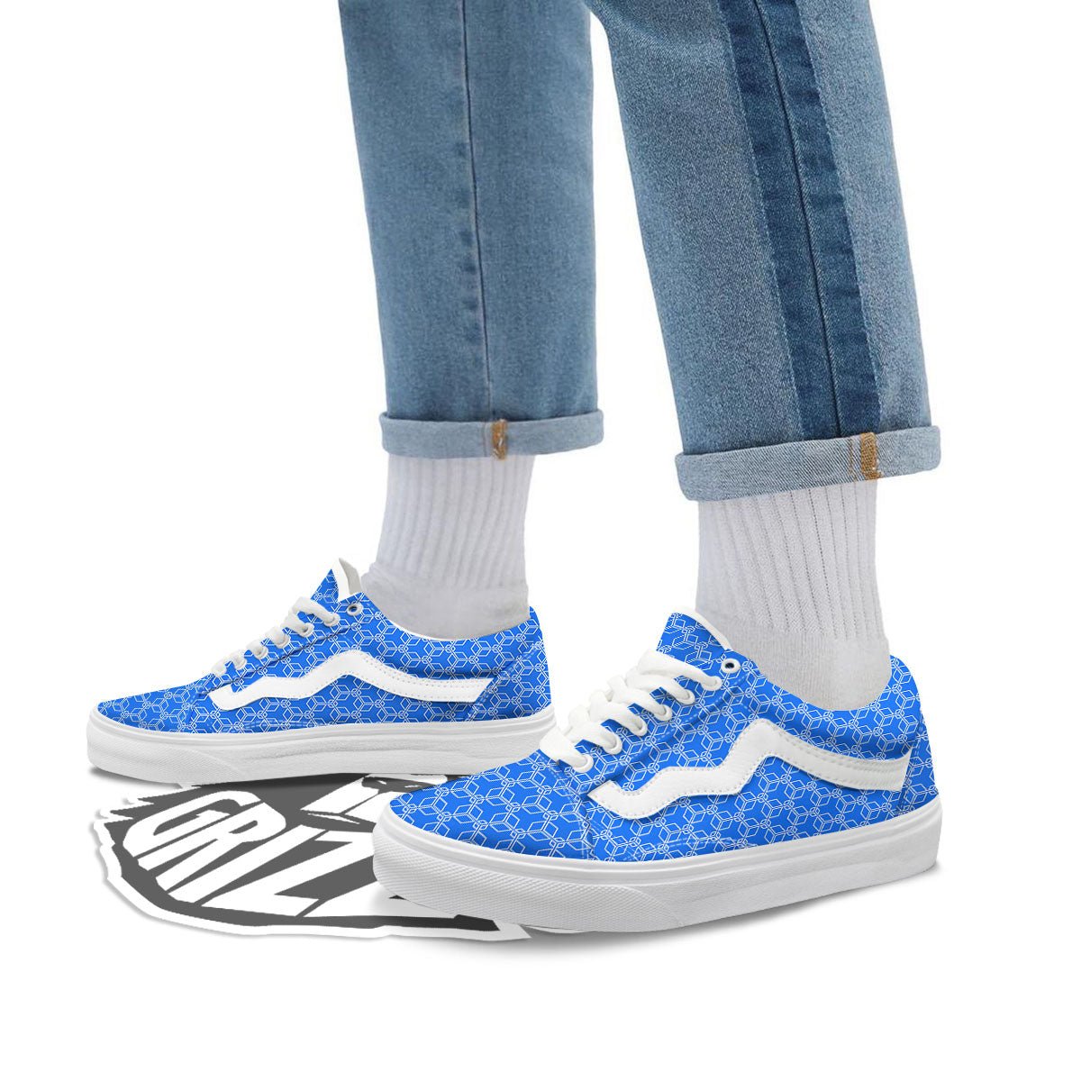 Cube Shape Blue Geometric Print Pattern Skate Shoes-grizzshop