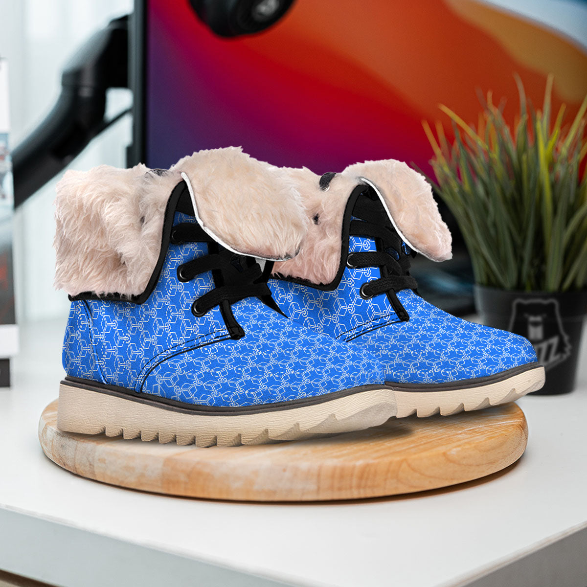 Cube Shape Blue Geometric Print Pattern Snow Boots-grizzshop