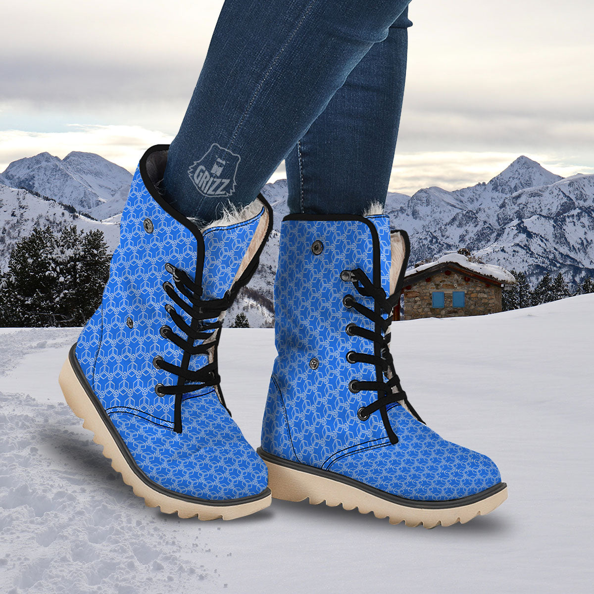 Cube Shape Blue Geometric Print Pattern Snow Boots-grizzshop