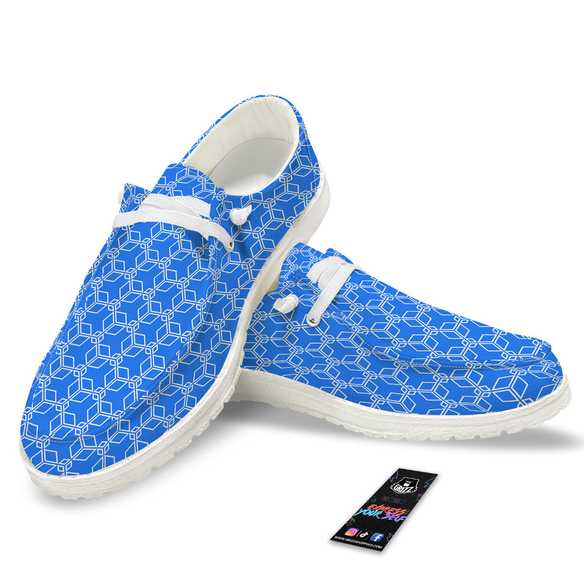 Cube Shape Blue Geometric Print Pattern White Loafers-grizzshop
