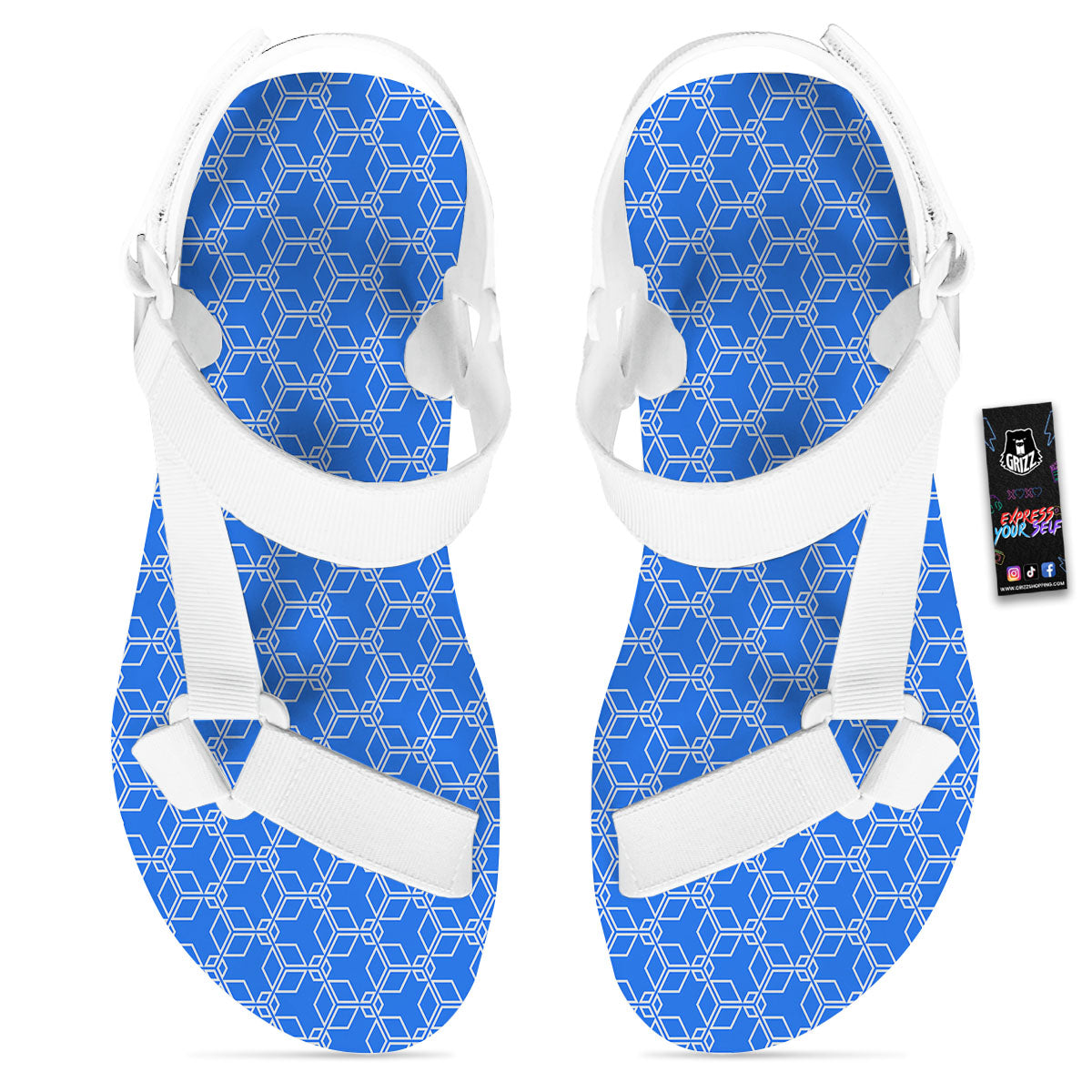 Cube Shape Blue Geometric Print Pattern White Open Toe Sandals-grizzshop