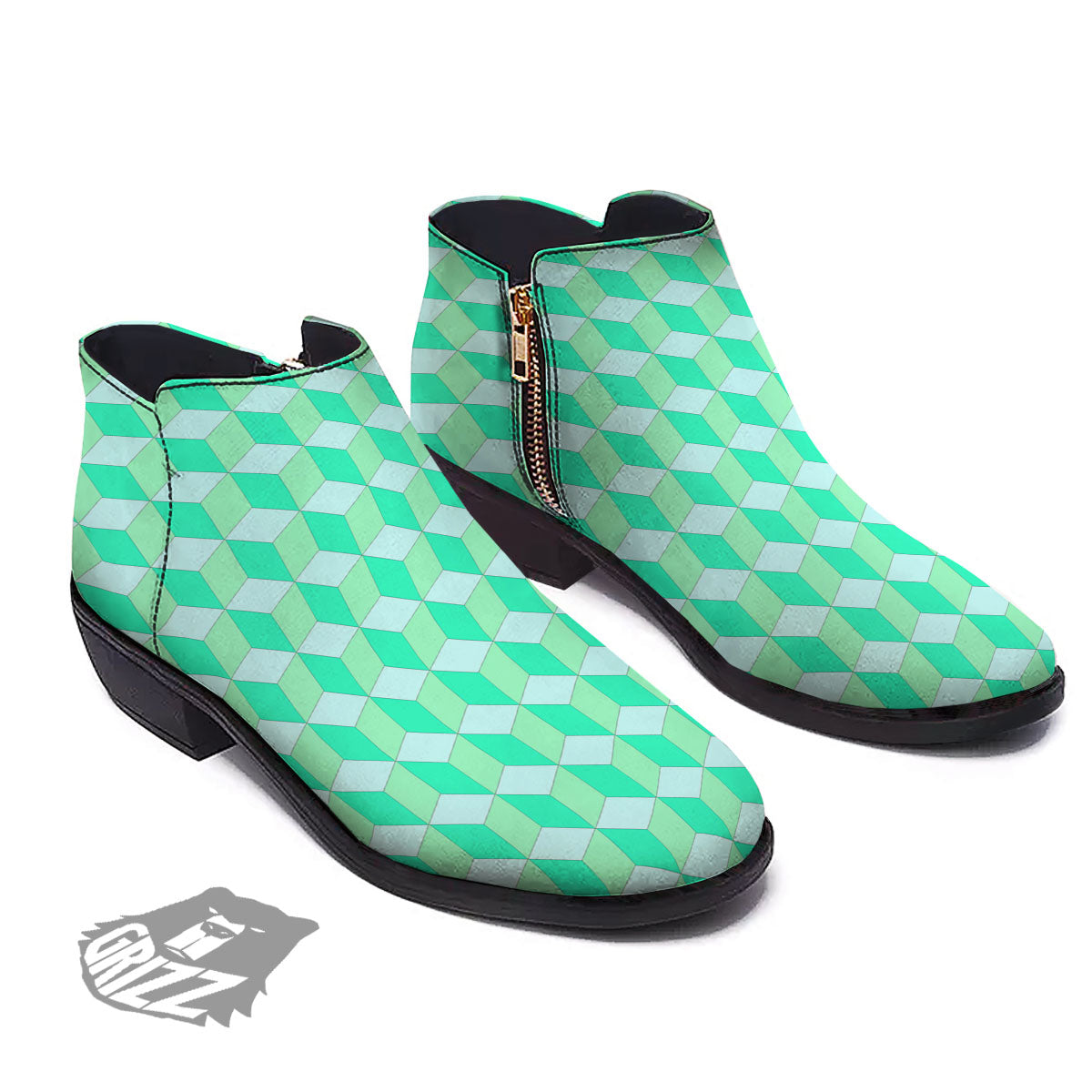 Cube Shape Green Geometric Print Pattern Ankle Boots-grizzshop