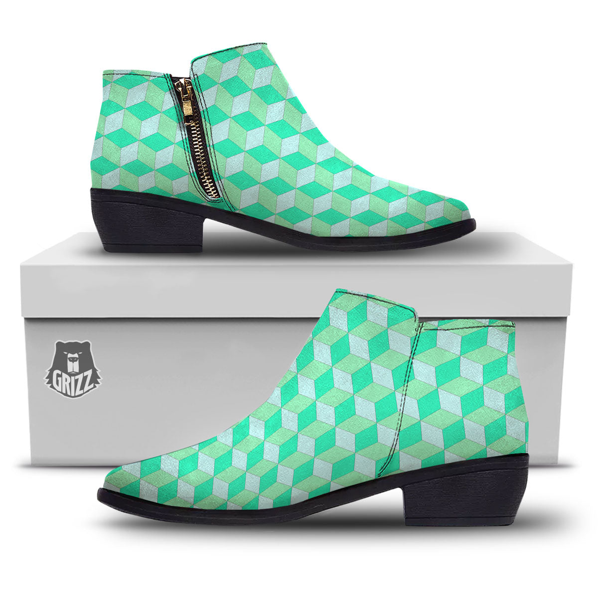 Cube Shape Green Geometric Print Pattern Ankle Boots-grizzshop