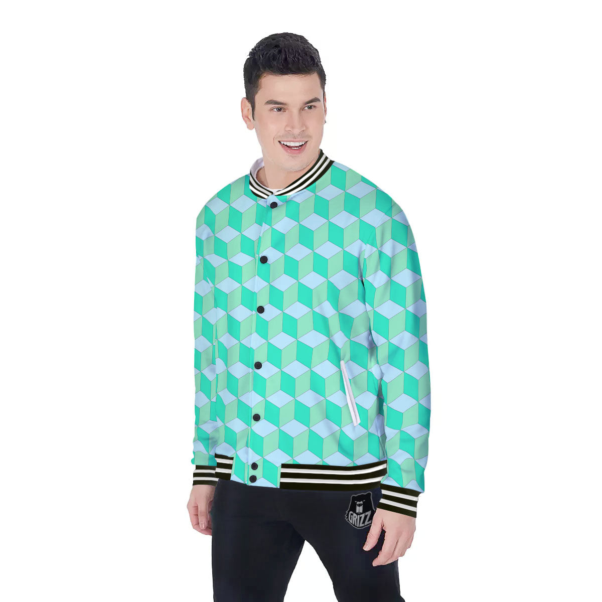 Cube Shape Green Geometric Print Pattern Baseball Jacket-grizzshop