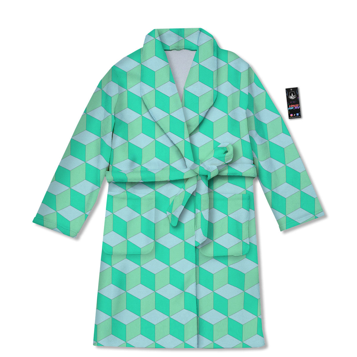 Cube Shape Green Geometric Print Pattern Bathrobe-grizzshop