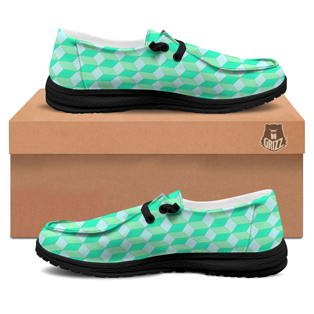 Cube Shape Green Geometric Print Pattern Black Loafers-grizzshop