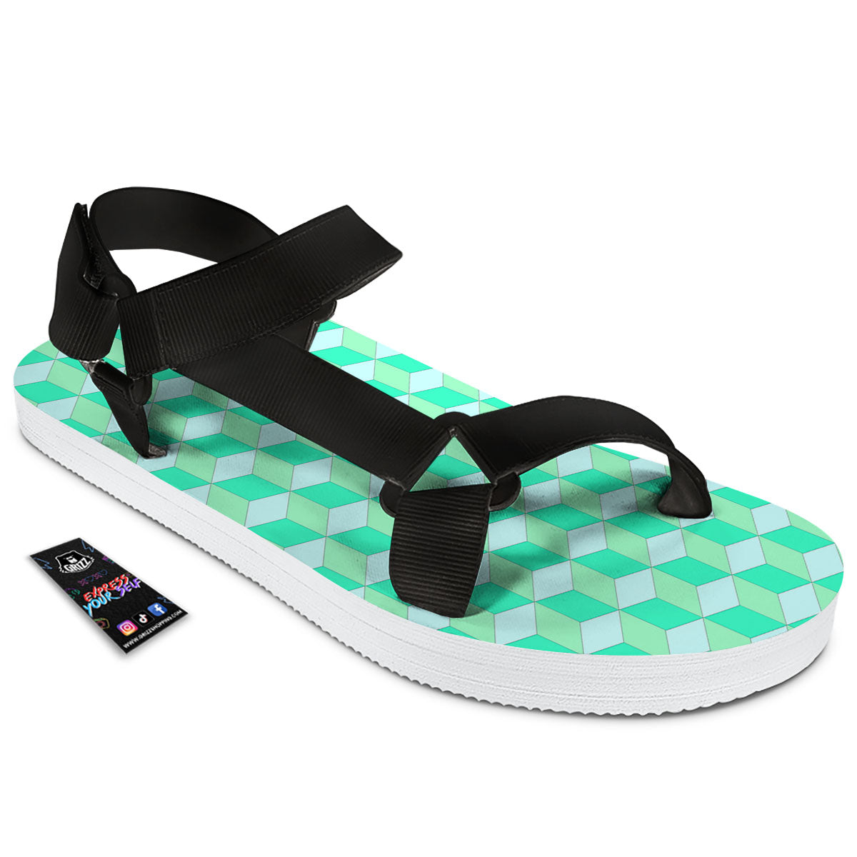 Cube Shape Green Geometric Print Pattern Black Open Toe Sandals-grizzshop