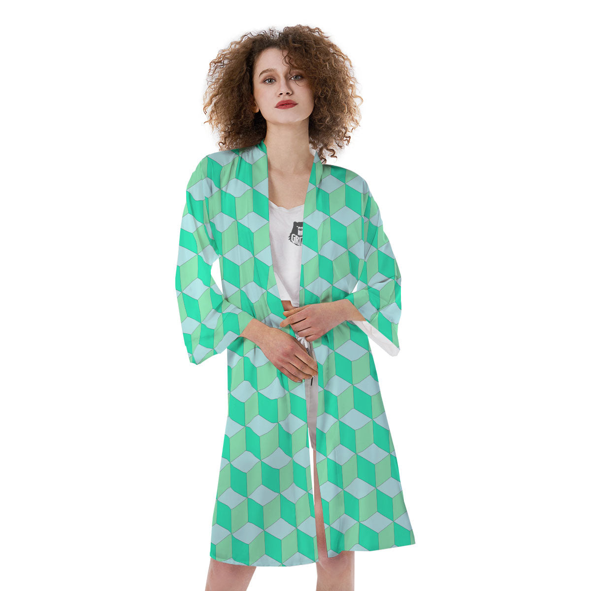 Cube Shape Green Geometric Print Pattern Kimono-grizzshop