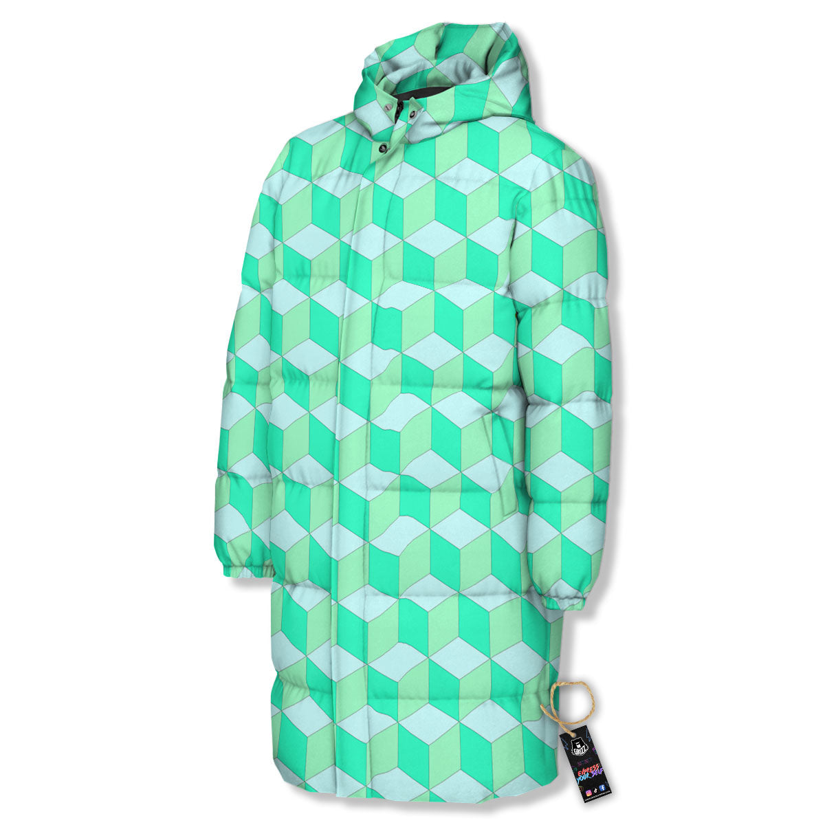 Cube Shape Green Geometric Print Pattern Long Down Jacket-grizzshop