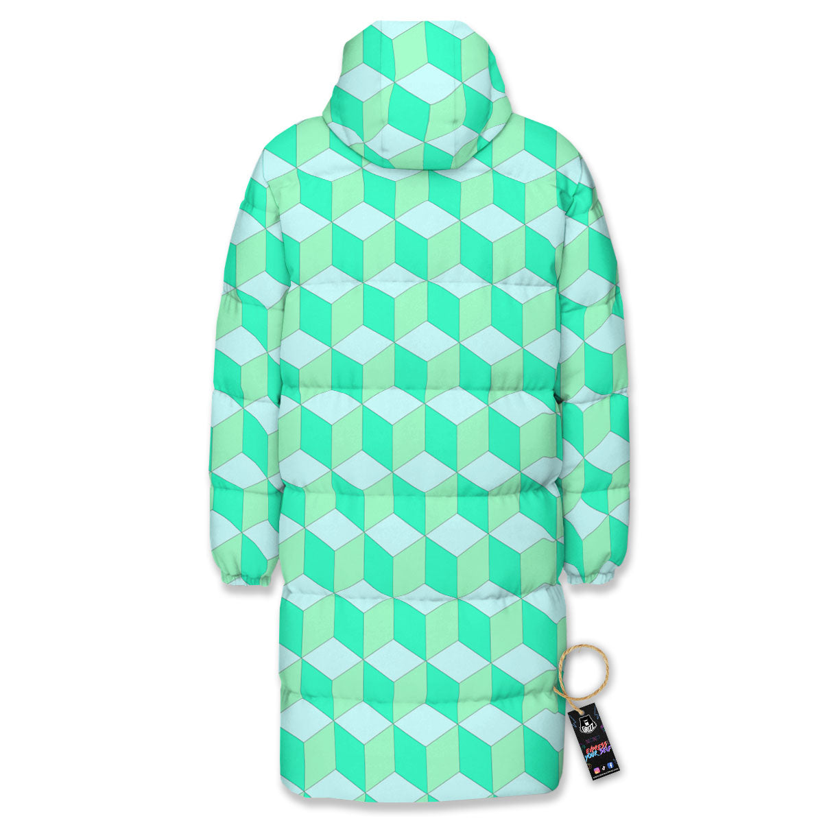 Cube Shape Green Geometric Print Pattern Long Down Jacket-grizzshop