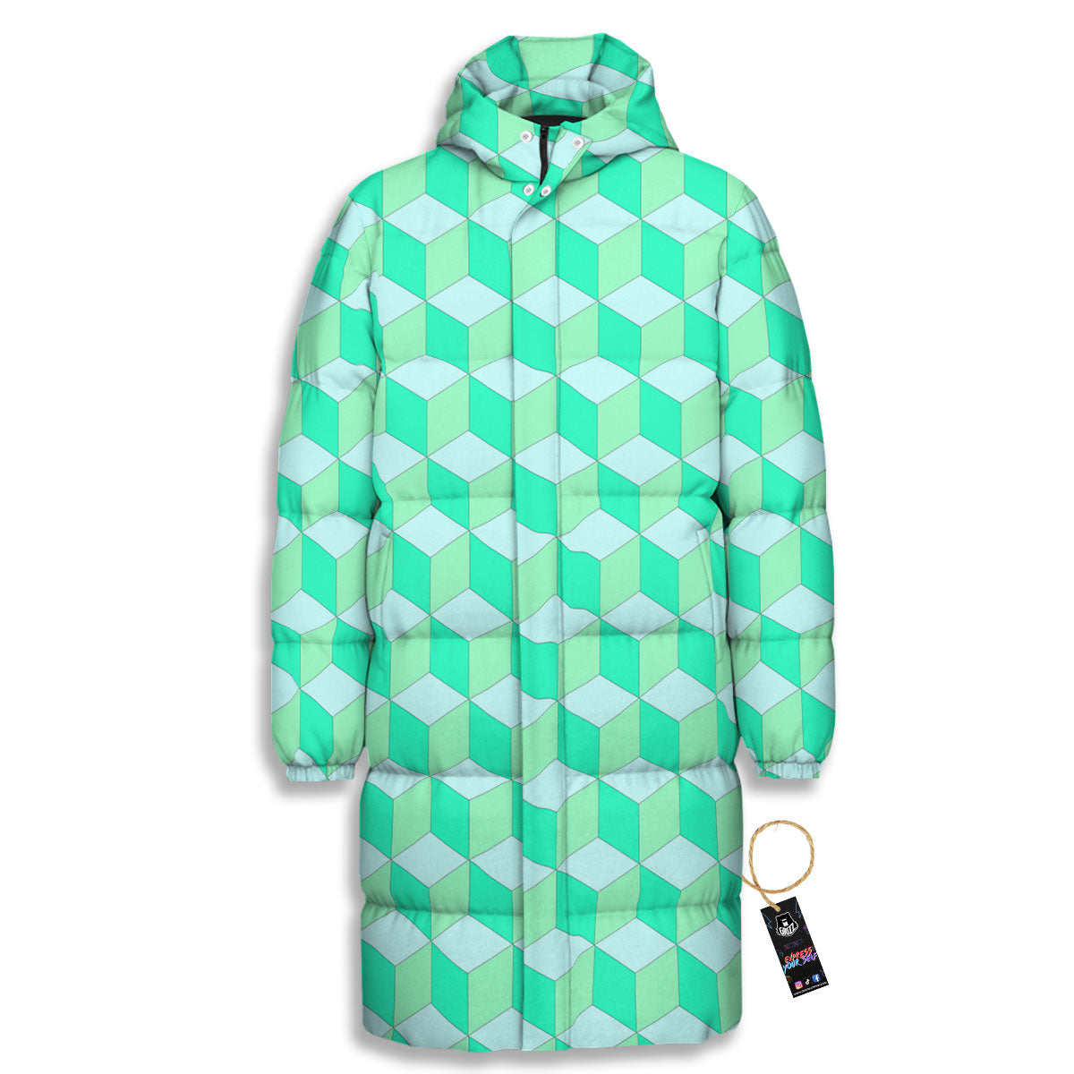 Cube Shape Green Geometric Print Pattern Long Down Jacket-grizzshop
