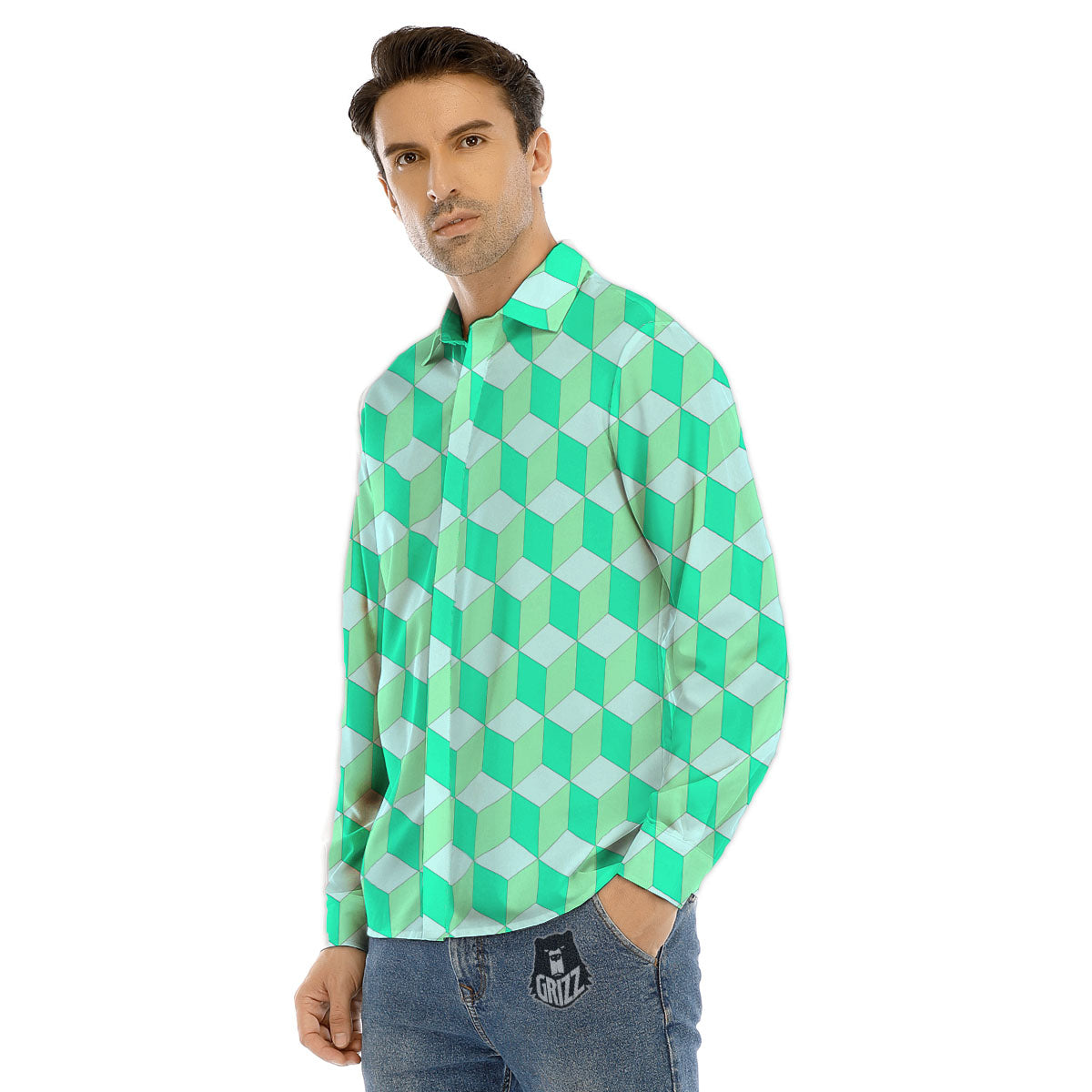 Cube Shape Green Geometric Print Pattern Men's Dress Shirts-grizzshop
