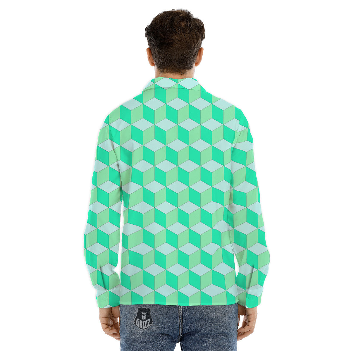 Cube Shape Green Geometric Print Pattern Men's Dress Shirts-grizzshop