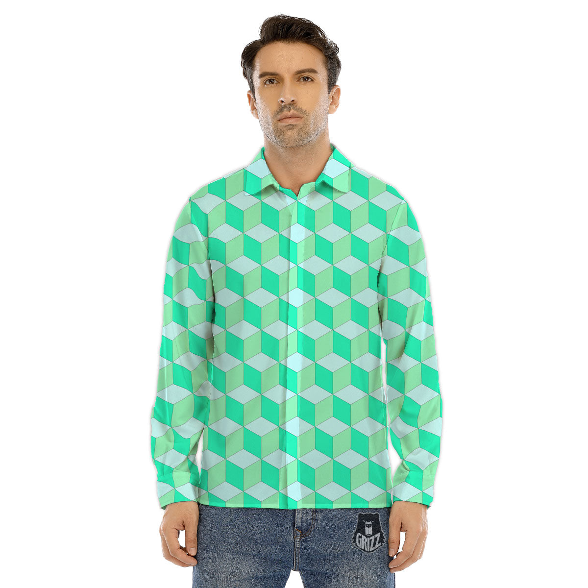 Cube Shape Green Geometric Print Pattern Men's Dress Shirts-grizzshop