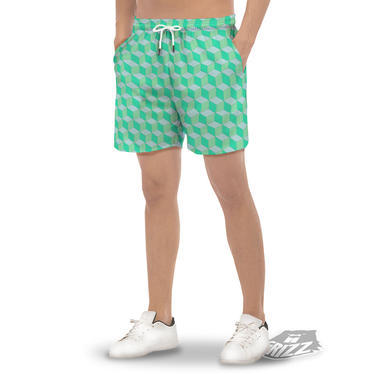 Cube Shape Green Geometric Print Pattern Men's Gym Shorts-grizzshop