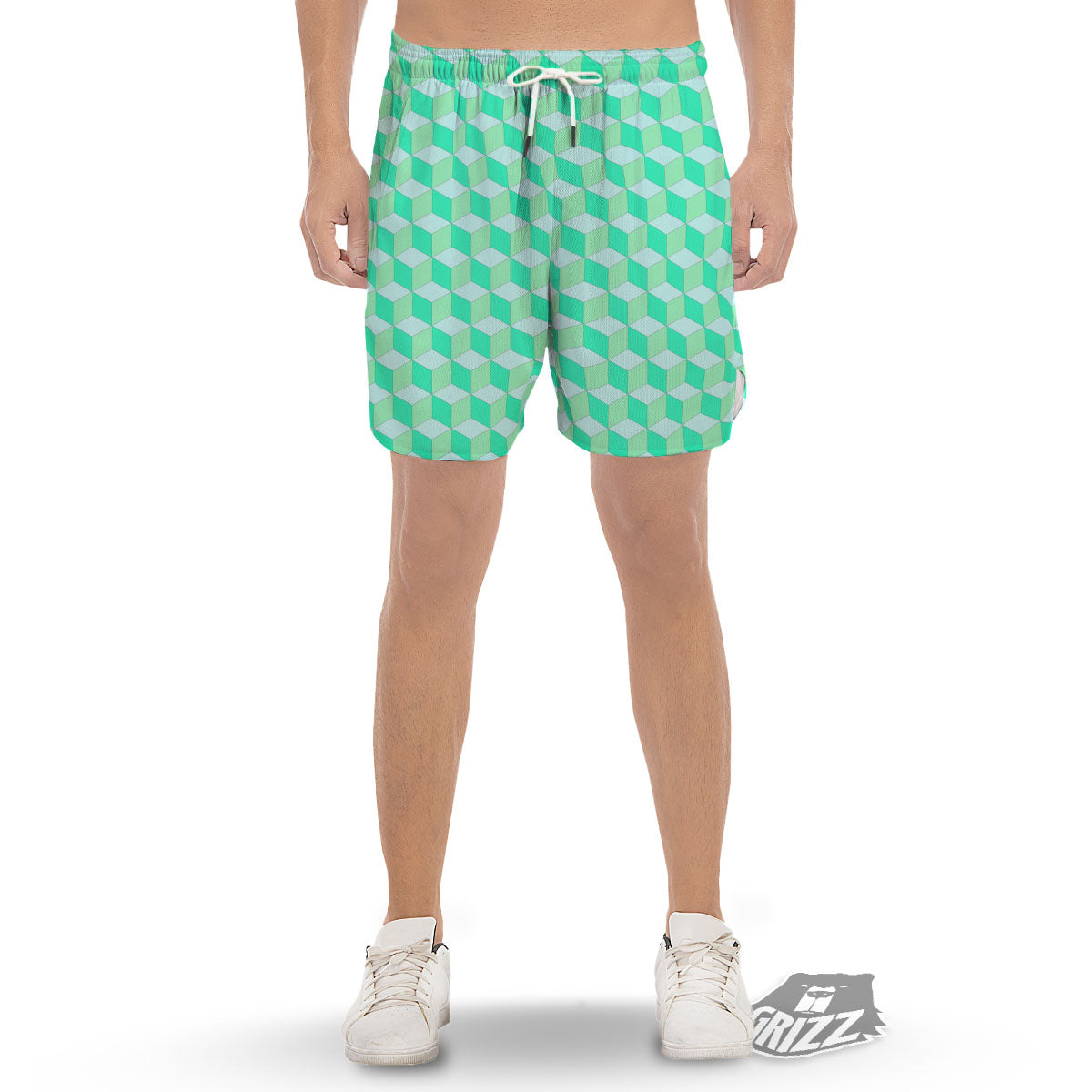 Cube Shape Green Geometric Print Pattern Men's Gym Shorts-grizzshop
