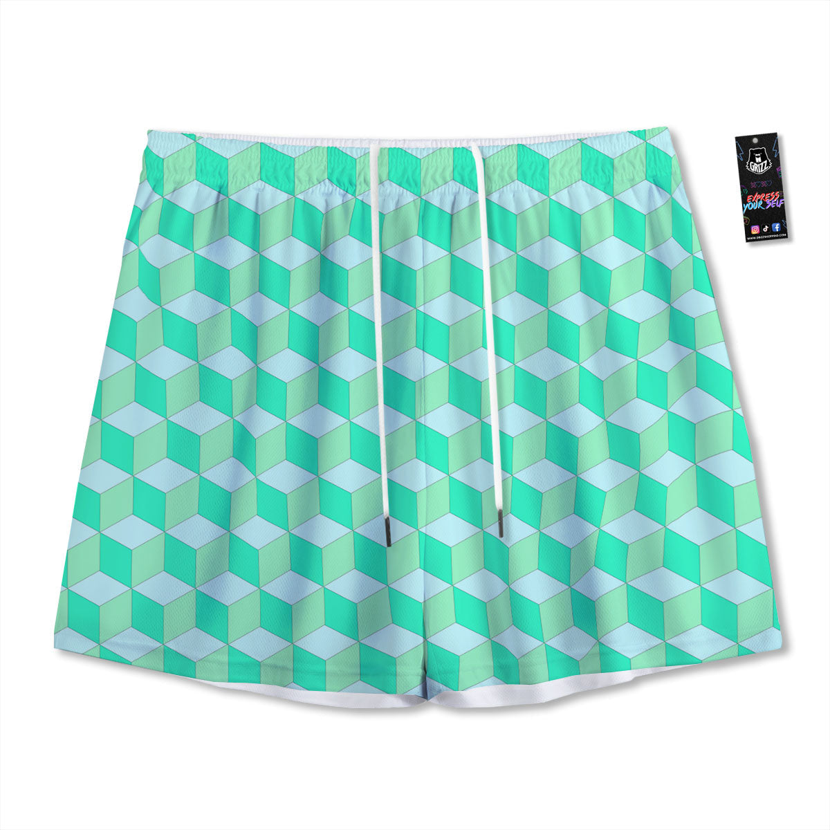 Cube Shape Green Geometric Print Pattern Mesh Shorts-grizzshop