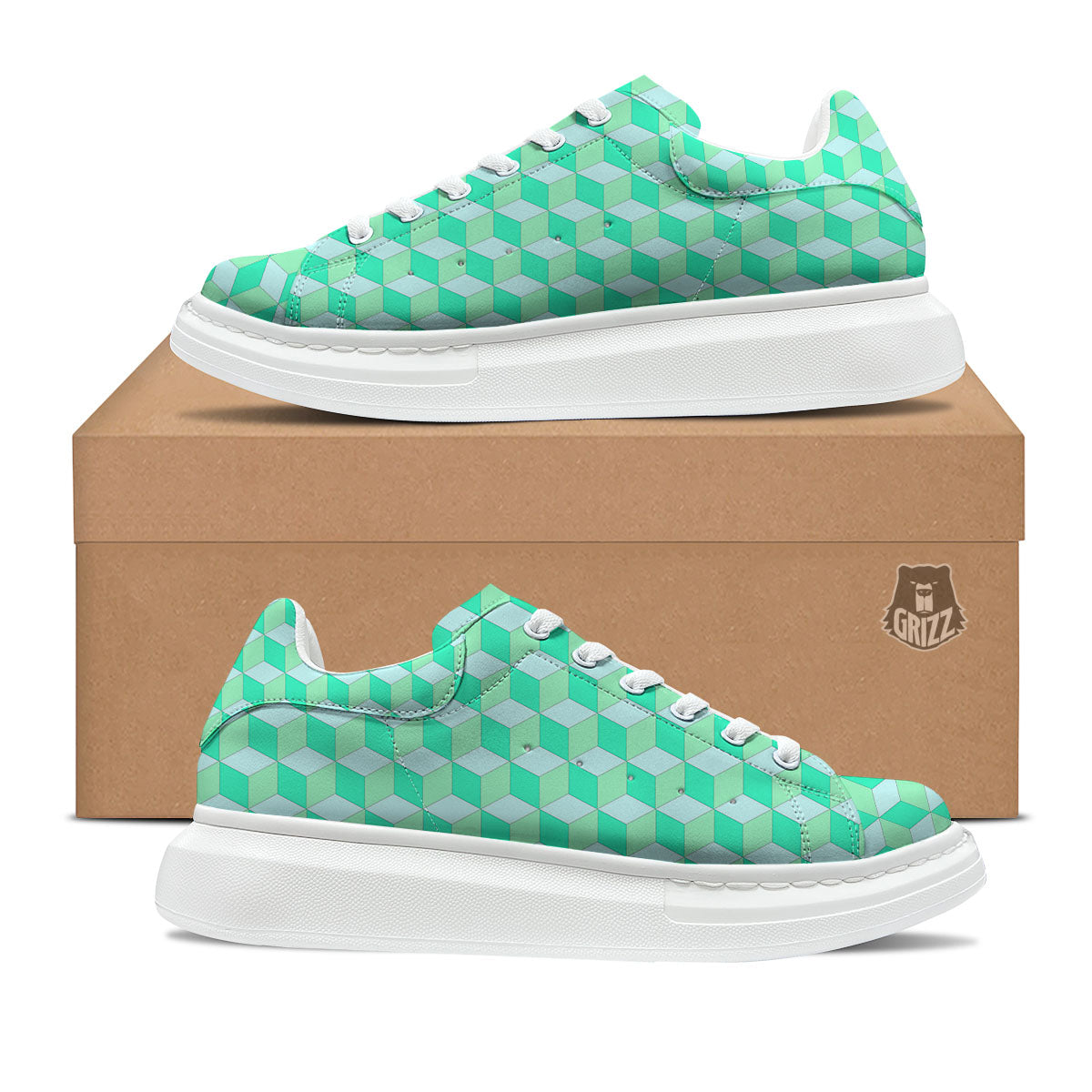 Cube Shape Green Geometric Print Pattern Platform Shoes-grizzshop
