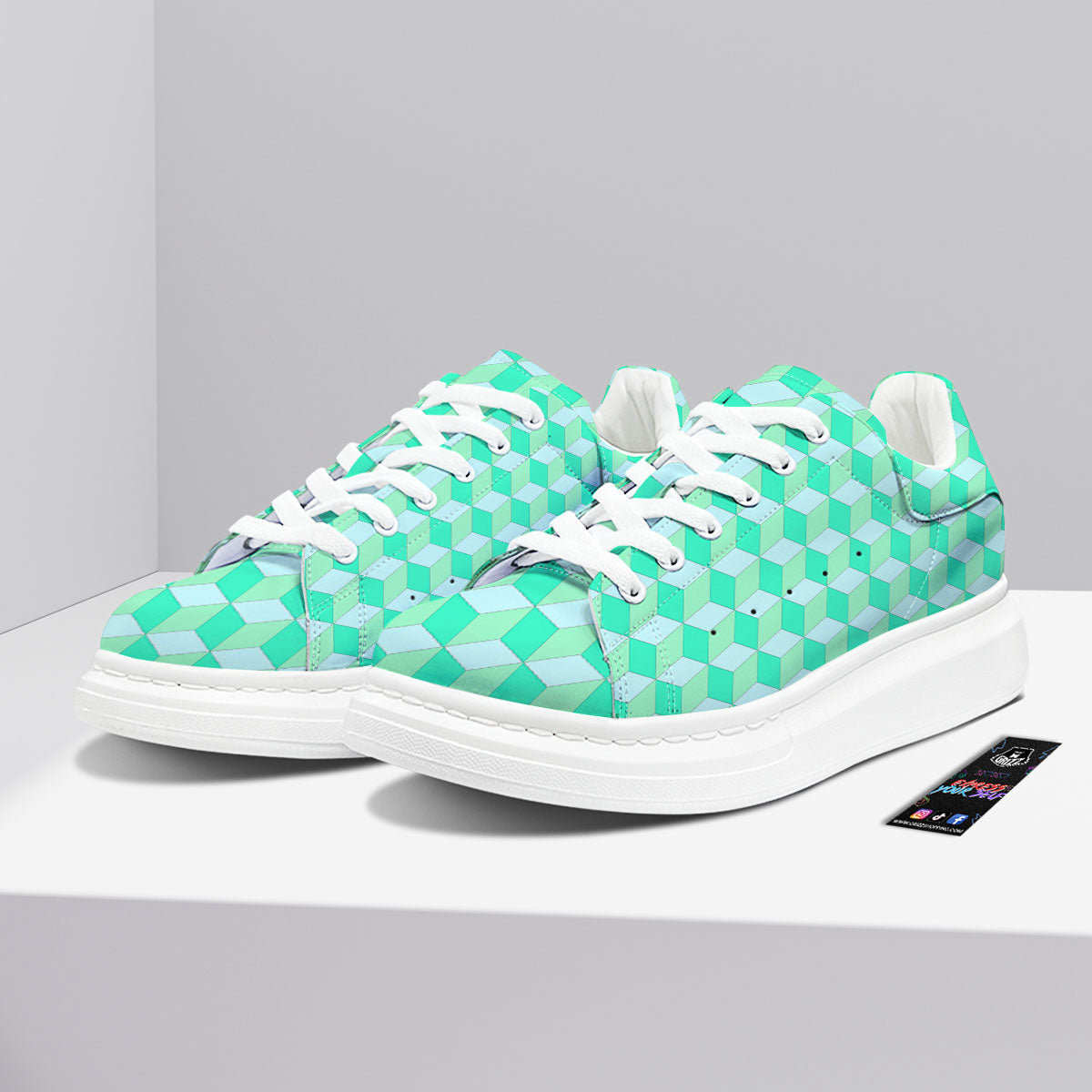 Cube Shape Green Geometric Print Pattern Platform Shoes-grizzshop