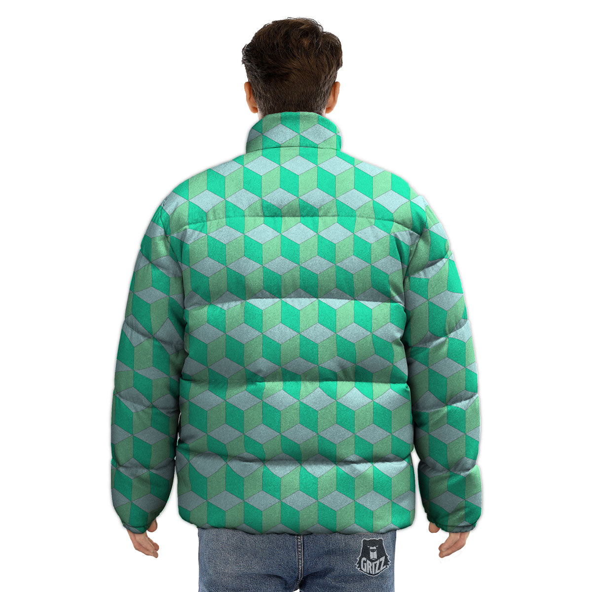 Cube Shape Green Geometric Print Pattern Puffer Jacket-grizzshop