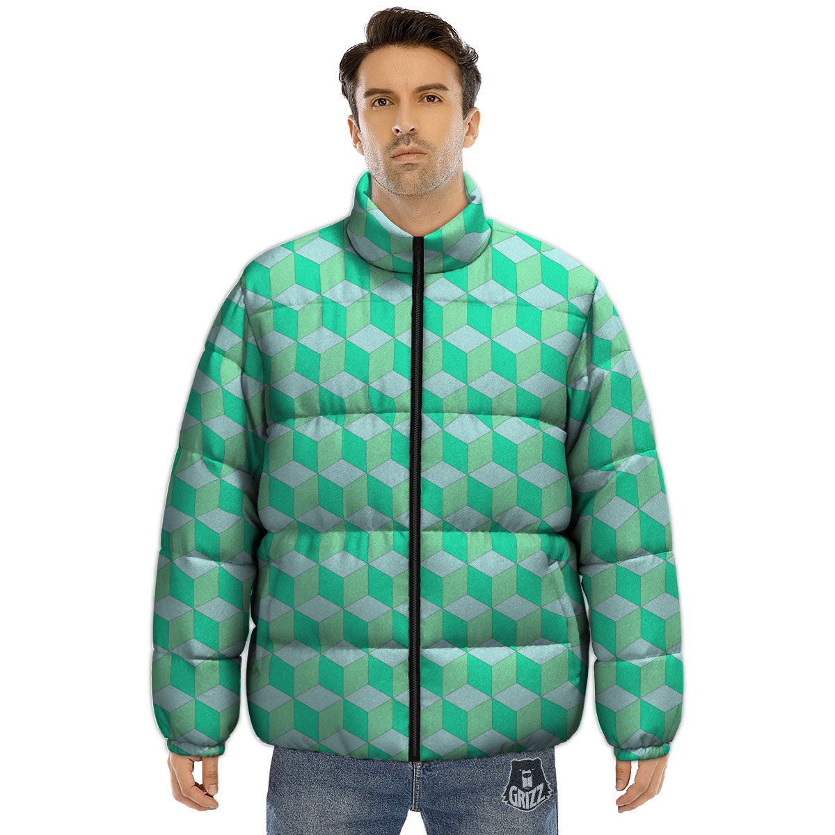 Cube Shape Green Geometric Print Pattern Puffer Jacket-grizzshop