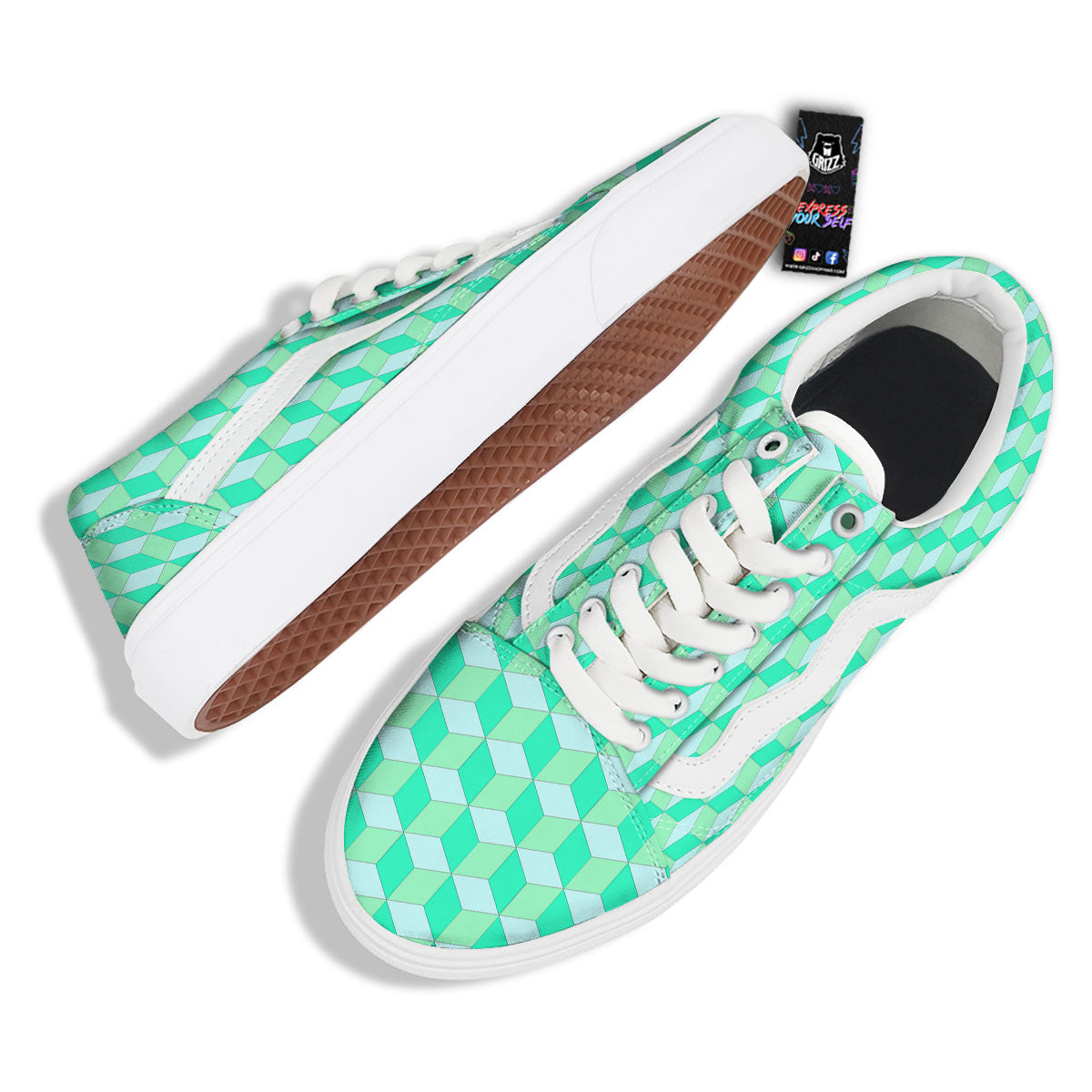 Cube Shape Green Geometric Print Pattern Skate Shoes-grizzshop