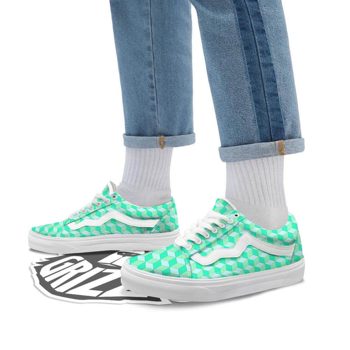 Cube Shape Green Geometric Print Pattern Skate Shoes-grizzshop