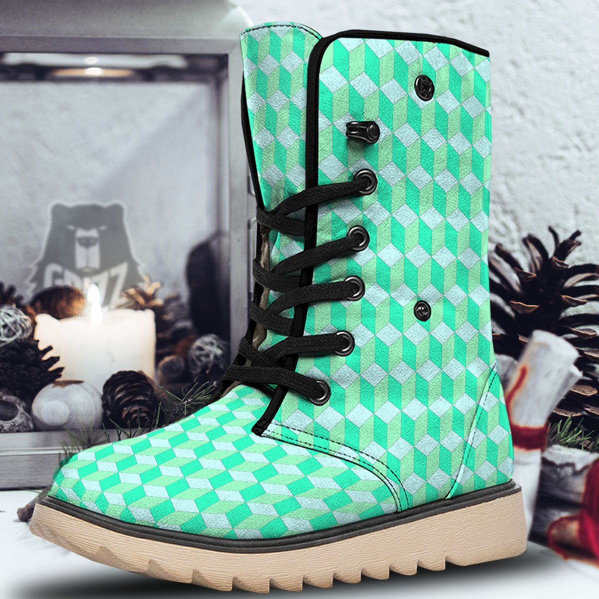 Cube Shape Green Geometric Print Pattern Snow Boots-grizzshop
