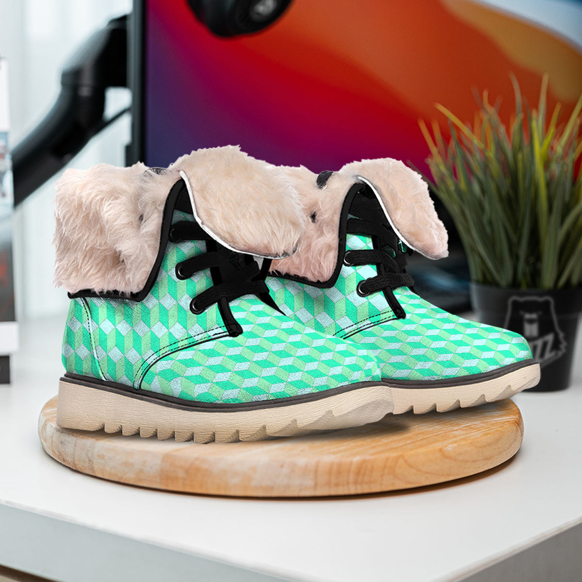 Cube Shape Green Geometric Print Pattern Snow Boots-grizzshop