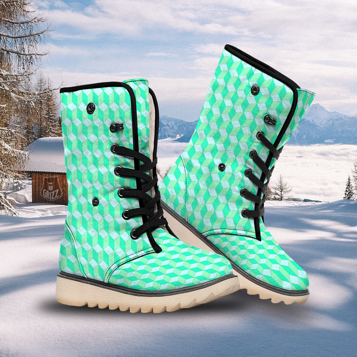 Cube Shape Green Geometric Print Pattern Snow Boots-grizzshop