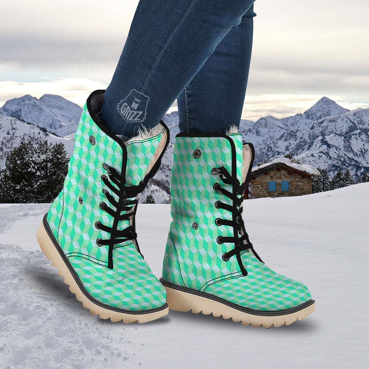 Cube Shape Green Geometric Print Pattern Snow Boots-grizzshop