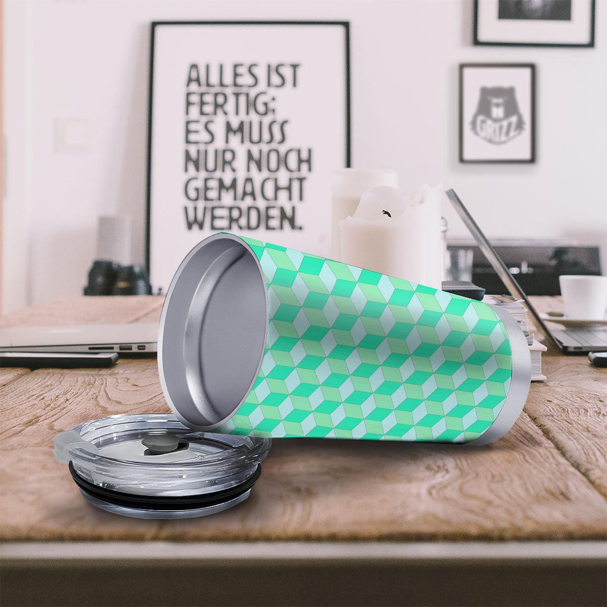 Cube Shape Green Geometric Print Pattern Tumbler-grizzshop