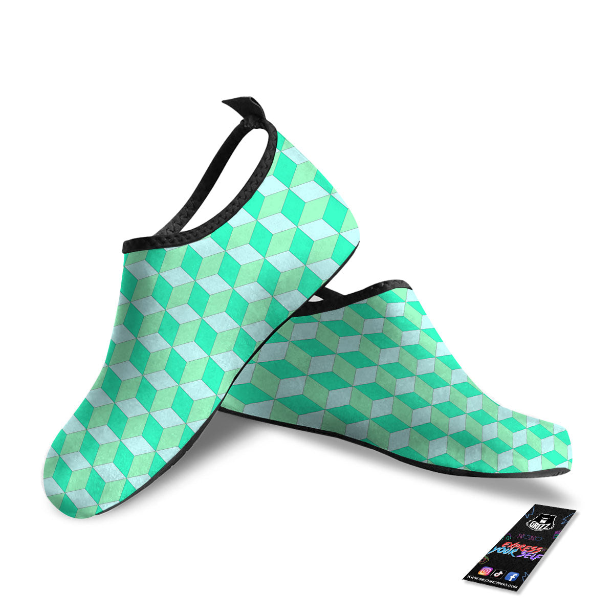 Cube Shape Green Geometric Print Pattern Water Shoes-grizzshop