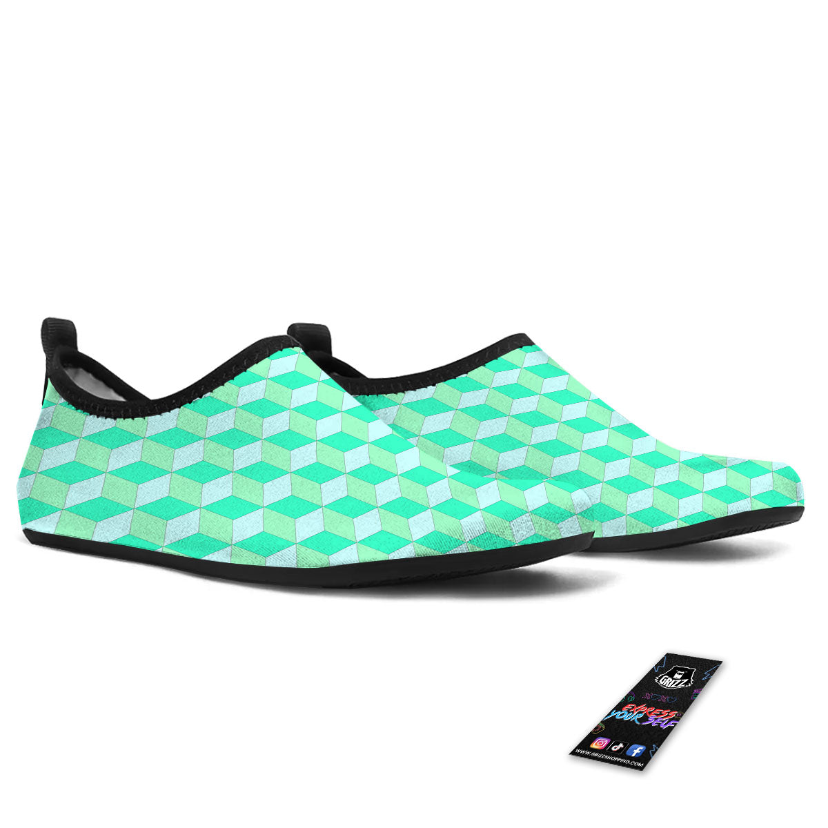 Cube Shape Green Geometric Print Pattern Water Shoes-grizzshop