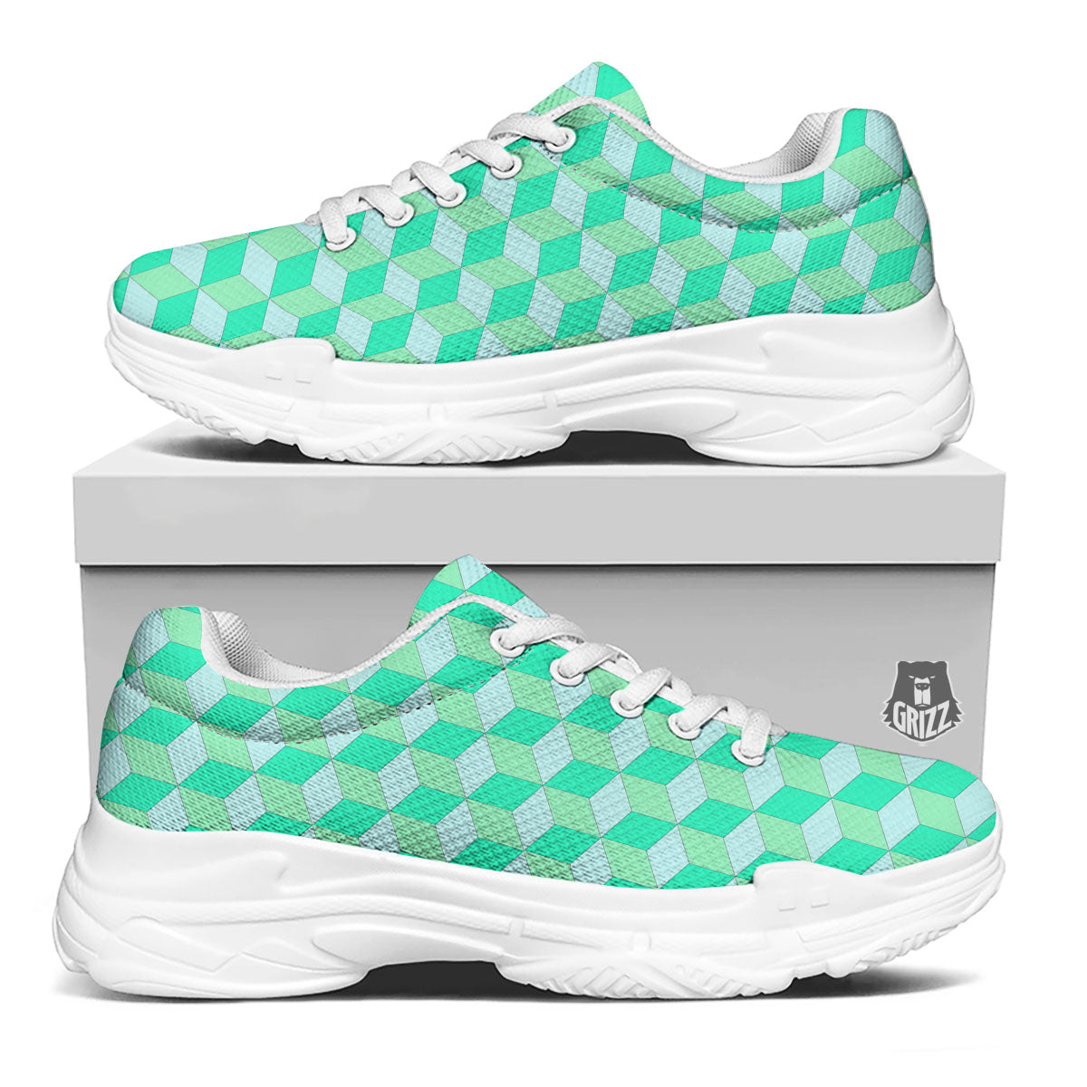 Cube Shape Green Geometric Print Pattern White Chunky Shoes-grizzshop