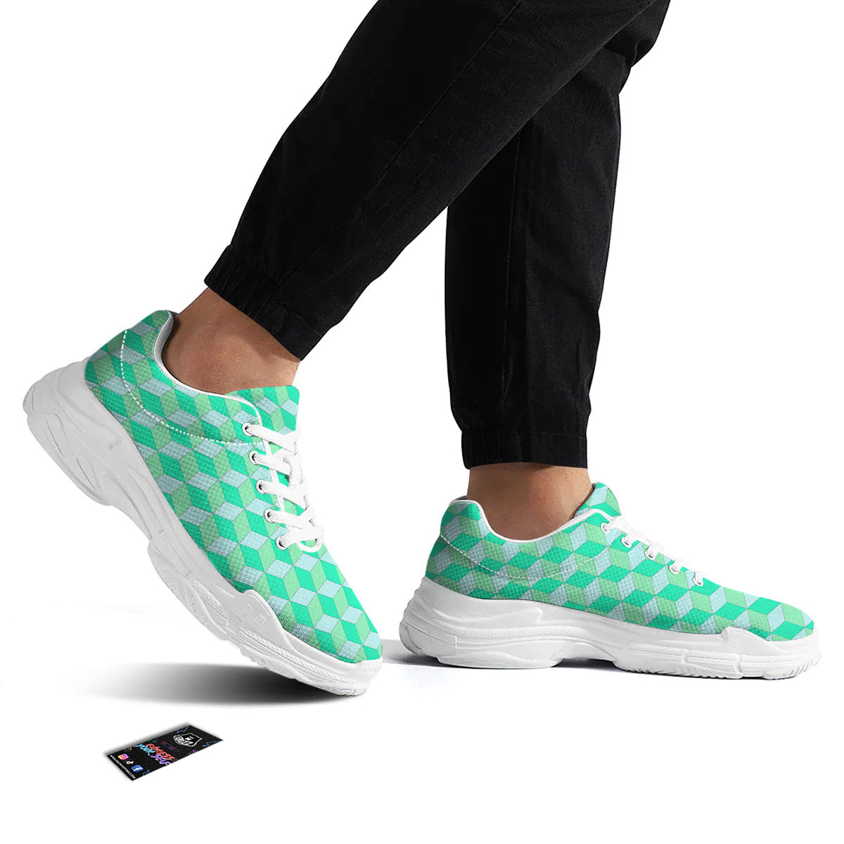 Cube Shape Green Geometric Print Pattern White Chunky Shoes-grizzshop