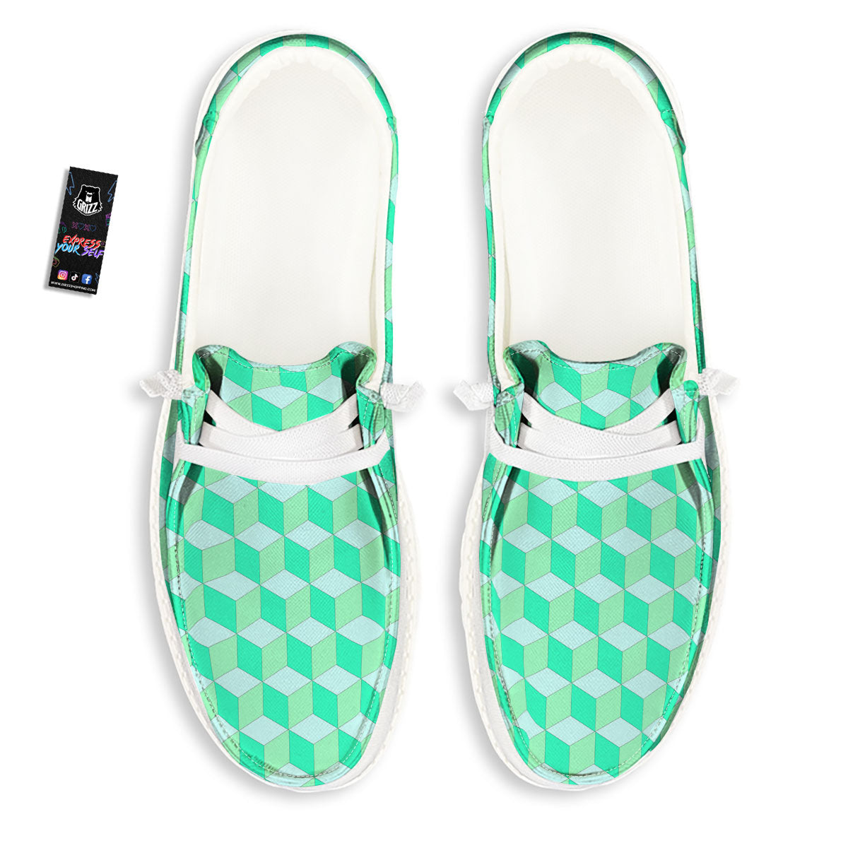 Cube Shape Green Geometric Print Pattern White Loafers-grizzshop