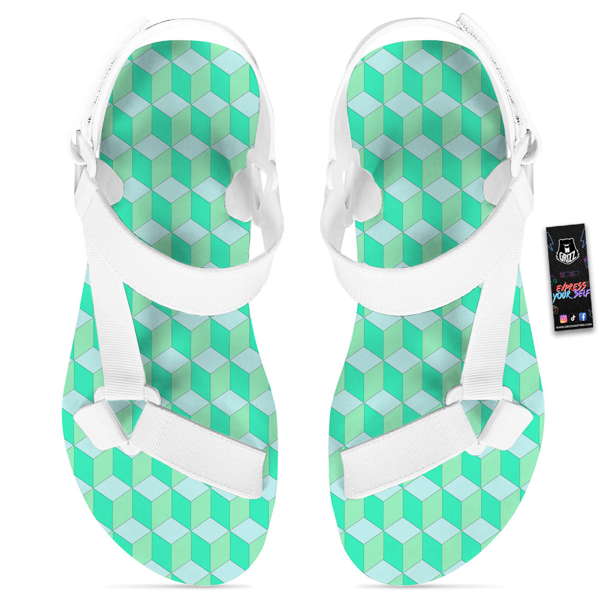 Cube Shape Green Geometric Print Pattern White Open Toe Sandals-grizzshop