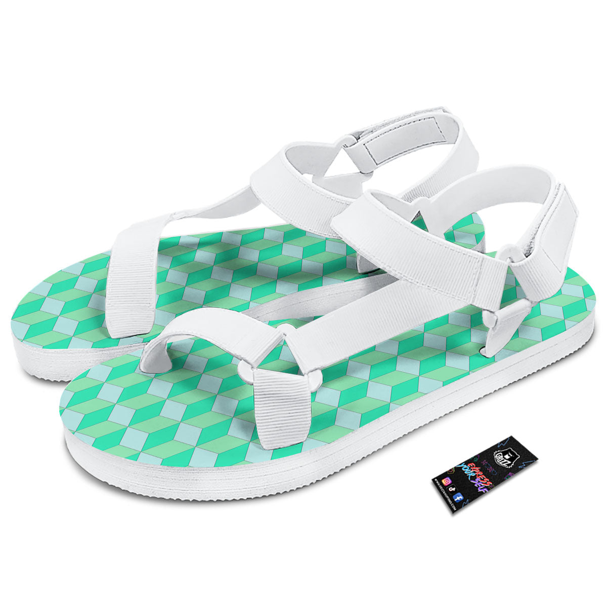 Cube Shape Green Geometric Print Pattern White Open Toe Sandals-grizzshop