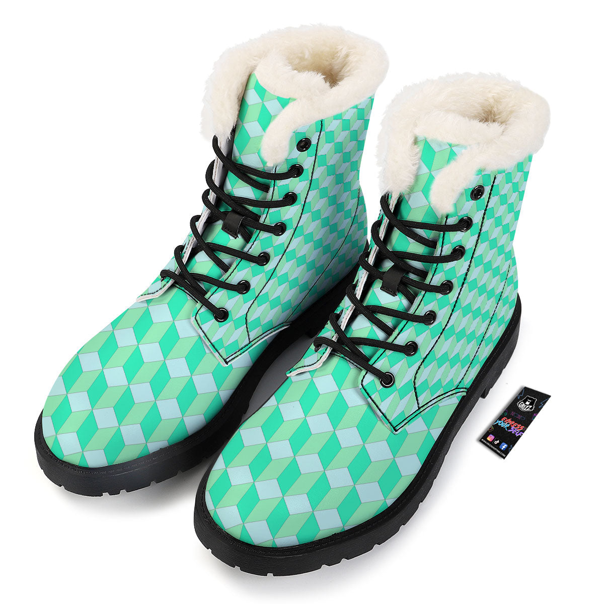 Cube Shape Green Geometric Print Pattern Winter Boots-grizzshop