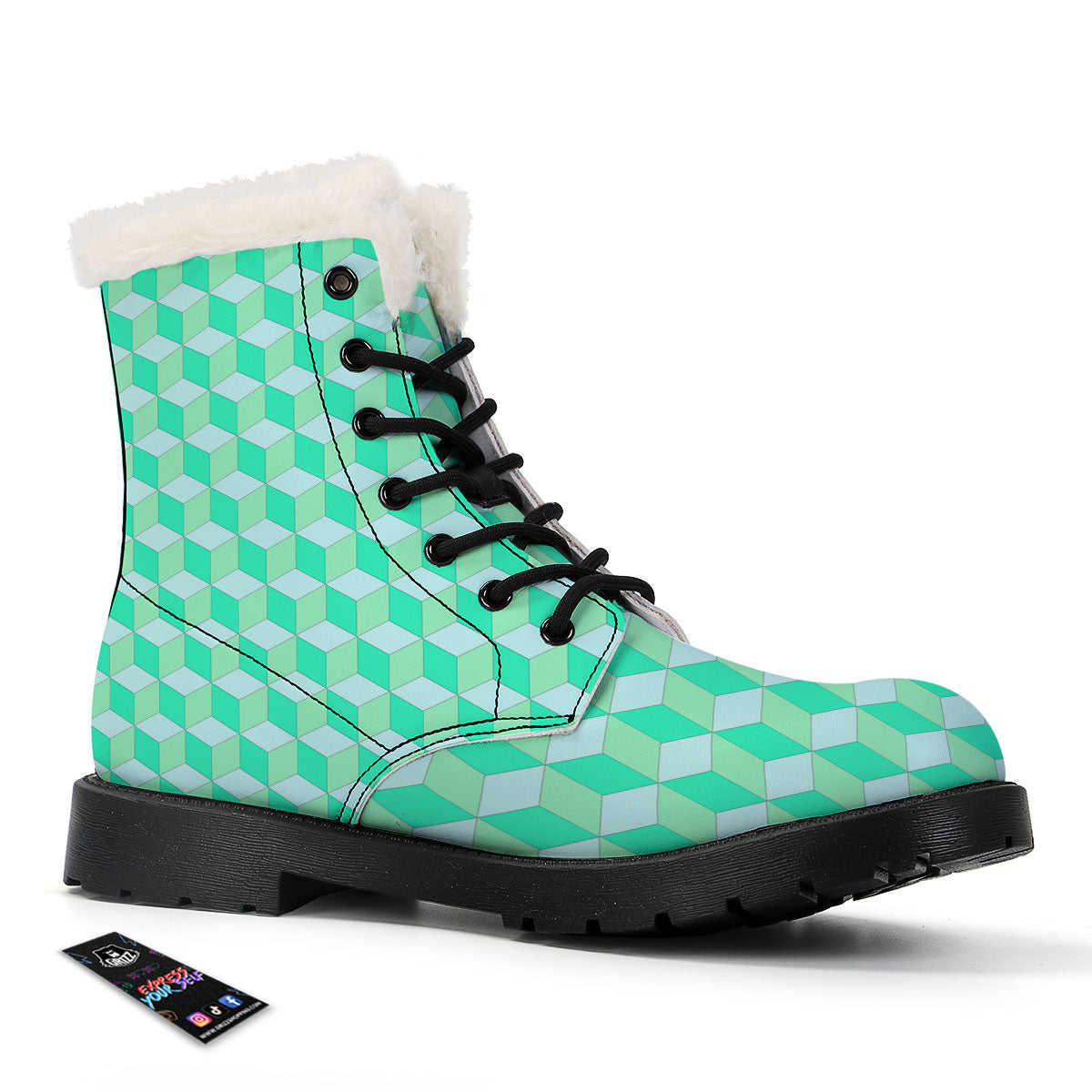 Cube Shape Green Geometric Print Pattern Winter Boots-grizzshop