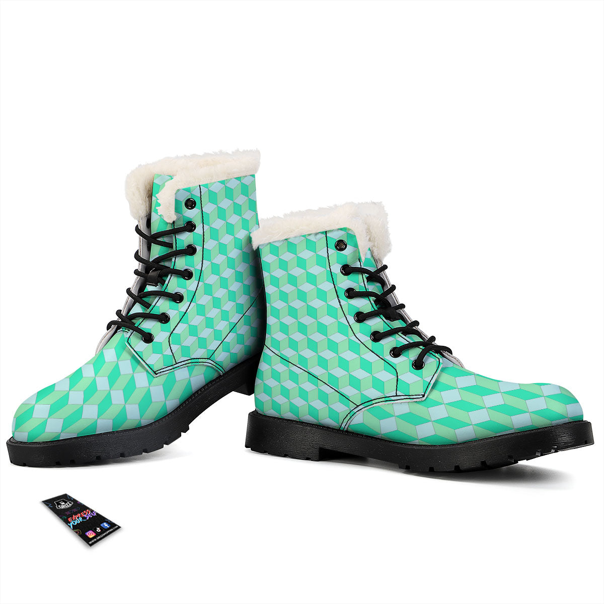 Cube Shape Green Geometric Print Pattern Winter Boots-grizzshop