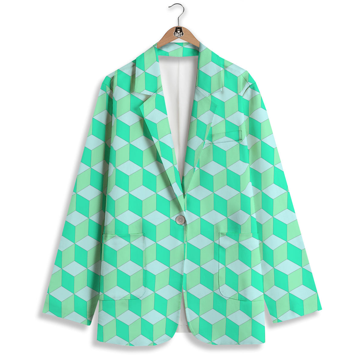 Cube Shape Green Geometric Print Pattern Women's Blazer-grizzshop