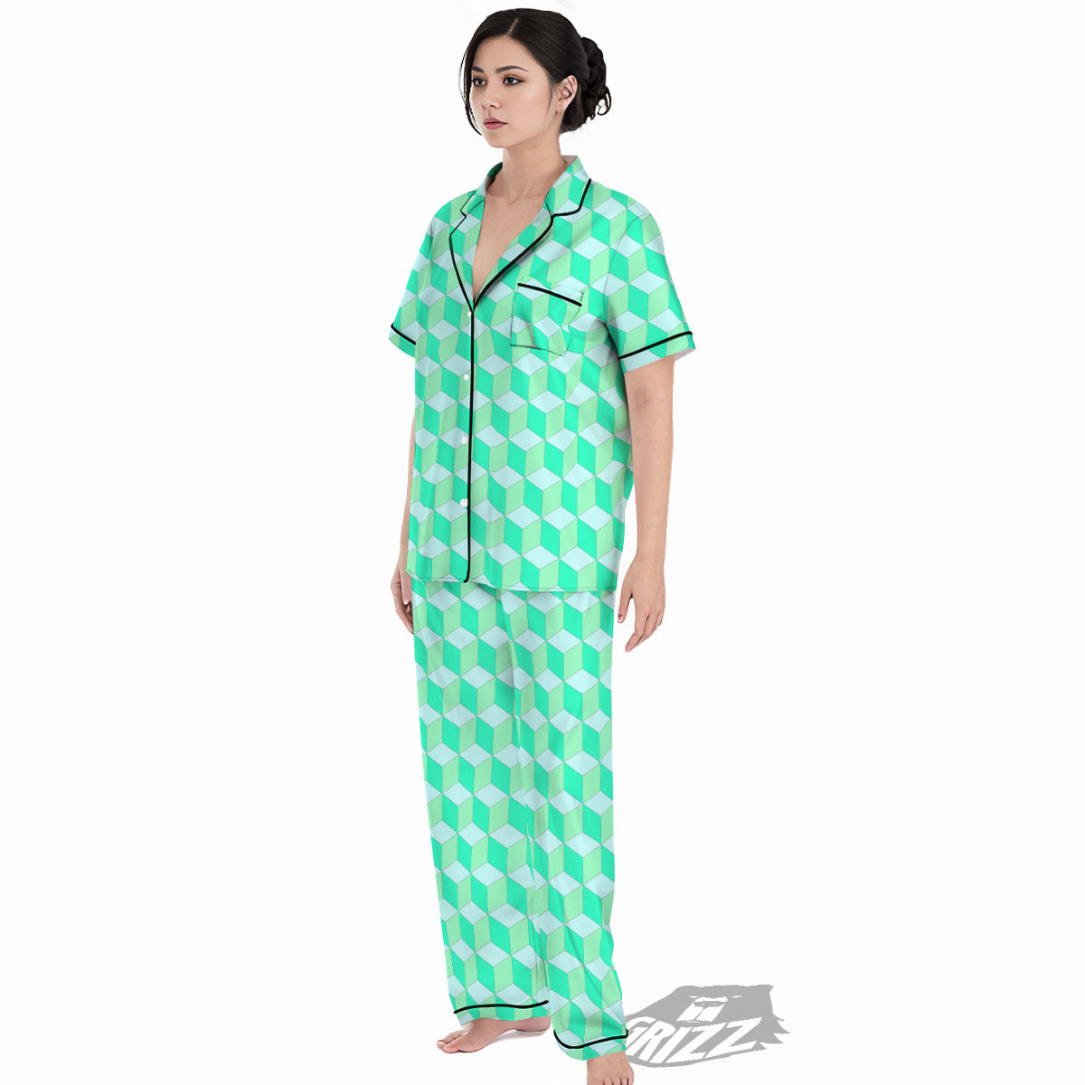 Cube Shape Green Geometric Print Pattern Women's Pajamas Set-grizzshop