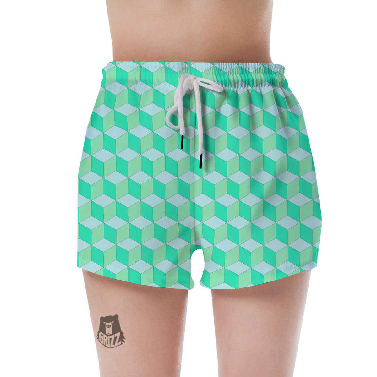 Cube Shape Green Geometric Print Pattern Women's Shorts-grizzshop