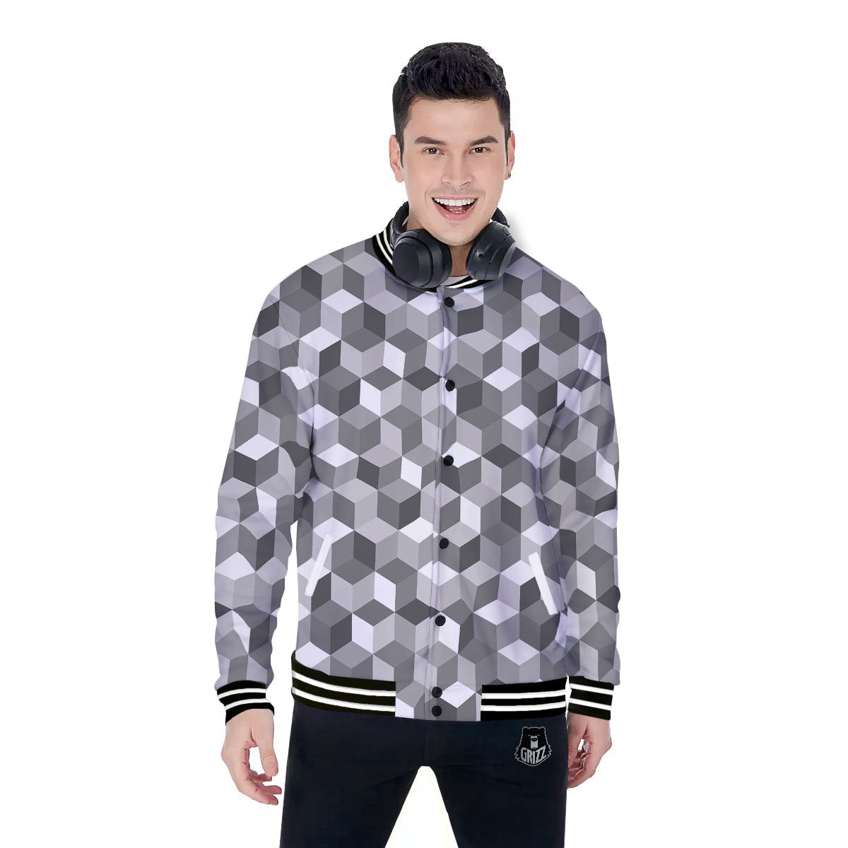 Cube Shape Grey Geometric Print Pattern Baseball Jacket-grizzshop